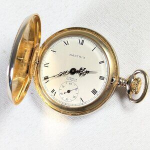 1950s Nastrix 17 Jewels Incabloc Hunter Pocket Watch gold toned metal WORKS,